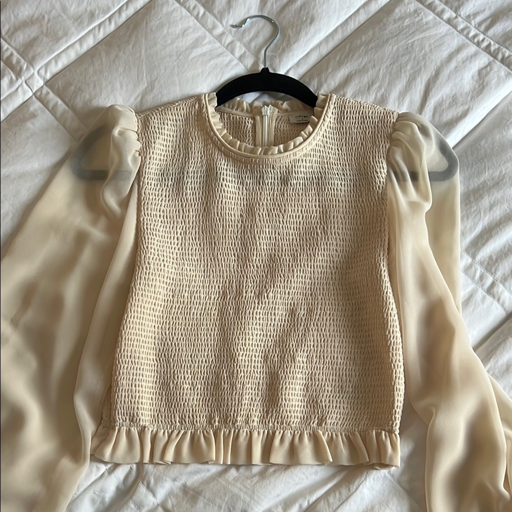 Aritizia Elegant Cream Smocked Top with Sheer Sleeves